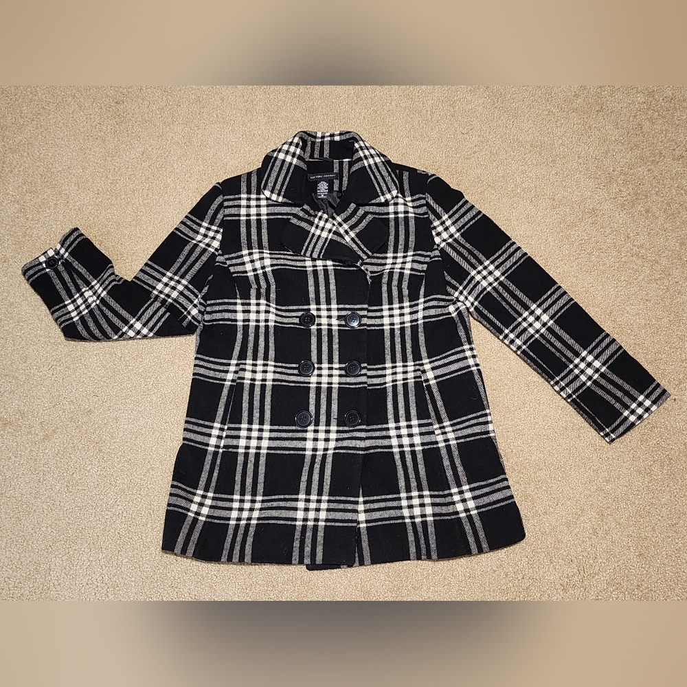 New York & Company Women's Wool Blend Plaid Pea Coat Size 16